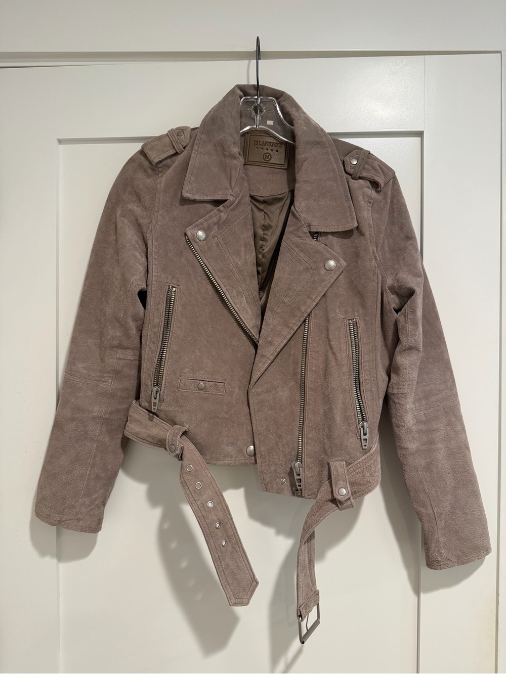 Blank NYC Taupe Suede Moto Jacket with Belt